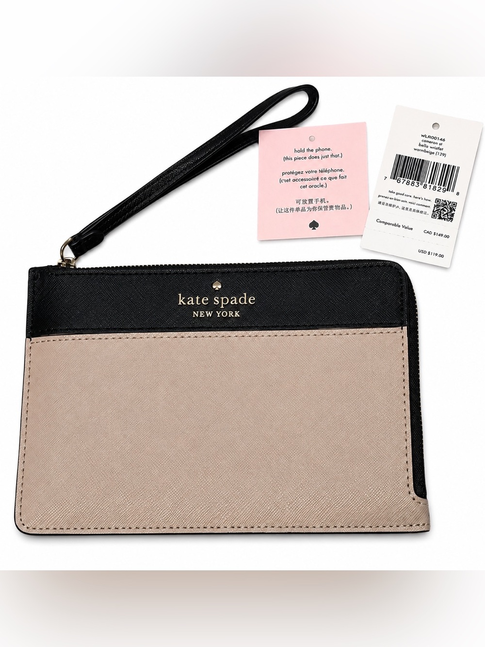 Kate Spade New York Cameron Large Zip Wristlet Wallet Warm Beige Multi NWT
